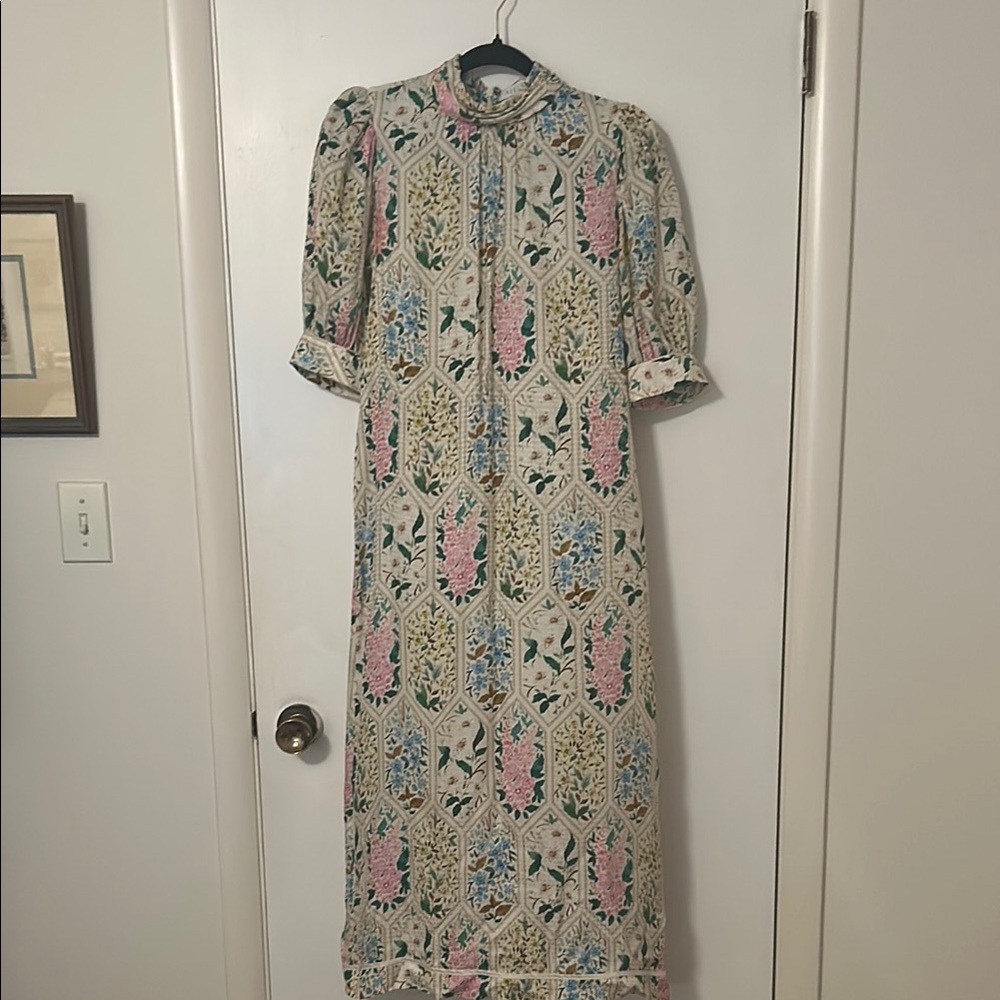 HUNTER BELL Blue Tan Wrap Midi Dress Puff Sleeves